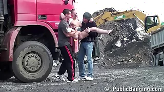 Construction site PUBLIC gang-bang with a youthfull pulling girl